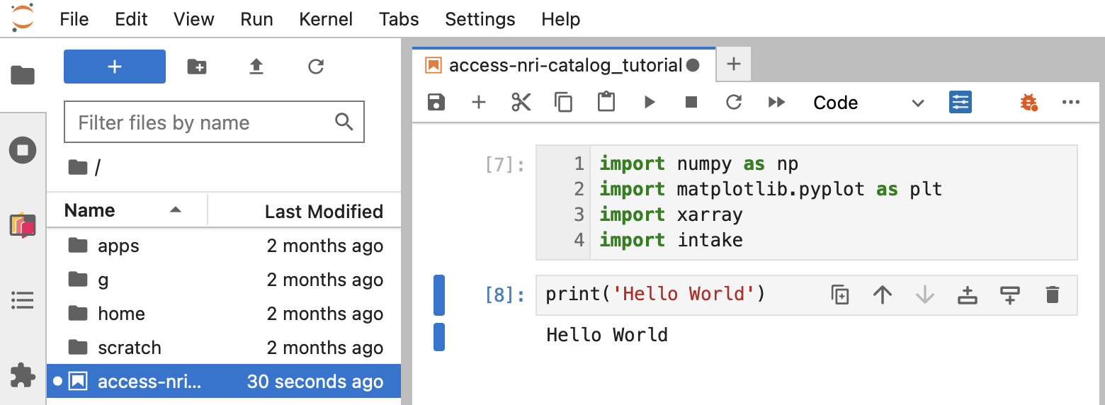 Example of a JupyterLab session with directory tree to the left and jupyter notebook to the right, showing successfully imported python packages.