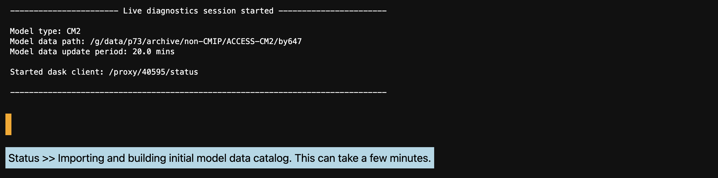 Output of the Model Live Diagnostics after a session has been started and a new catalogue is being built.