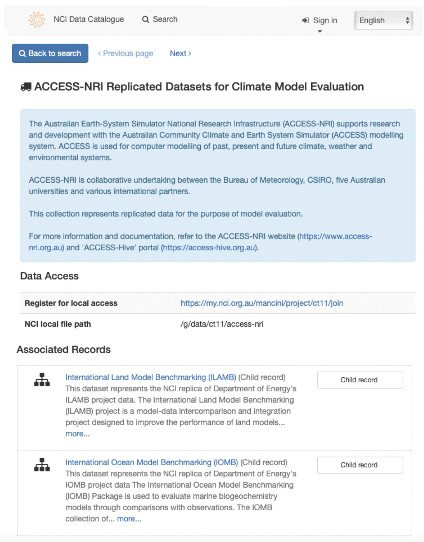 Edited Screenshot of NCI Data Catalogue for ACCESS-NRI replicated data